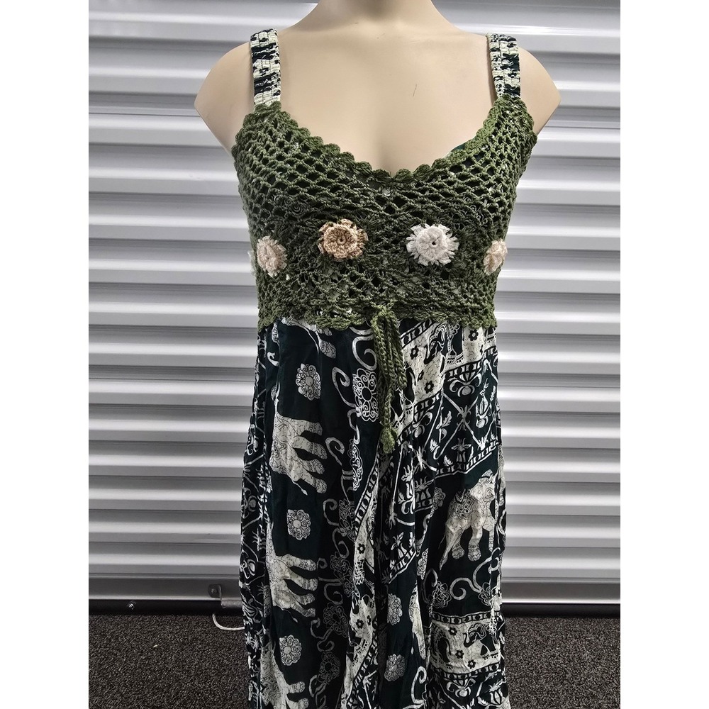 Boho Crochet Elephant Print Midi Dress Green Teal Floral Smocked Back Festival